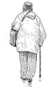 Sketch of old woman with cane walking along street