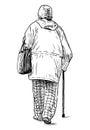 Sketch of old woman with cane walking along street Royalty Free Stock Photo