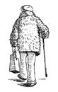 Sketch of old woman in fur coat with walking stick strolling outdoors Royalty Free Stock Photo