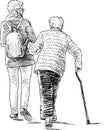 Sketch of old woman with her daughter going on a stroll Royalty Free Stock Photo