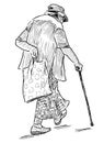 Sketch of old woman with stick striding down street Royalty Free Stock Photo