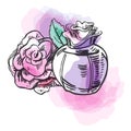 Sketch outline bottle of female perfume with flower and colorful spots. Vector hand drawn illustration