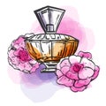 Sketch outline bottle of female perfume with flowers and colorful spots. Vector hand drawn illustration