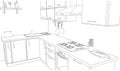 Sketch outline drawing of 3d contemporary corner kitchen interior black and white