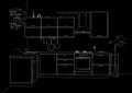 Sketch outline drawing of 3d contemporary corner kitchen interior black and white