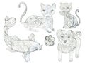 Sketch outline etnic coloring book cat dog fish art Russian moscow east folk elements pencil Royalty Free Stock Photo