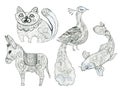 Sketch outline etnic coloring book cat donkey peacock fish art Russian moscow east folk elements pencil Royalty Free Stock Photo