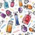 Sketch outline female perfumes bottles with color spots and lines. Vector hand drawn seamless pattern Royalty Free Stock Photo