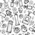 Sketch outline female perfumes bottles with flowers. Vector hand drawn black and white seamless pattern Royalty Free Stock Photo