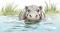 Sketch the outline of a happy hippo wallowing in water, a fun and cheerful coloring book addition.