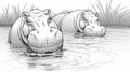 Sketch the outline of a happy hippo wallowing in water, a fun and cheerful coloring book addition.