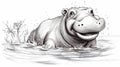 Sketch the outline of a happy hippo wallowing in water, a fun and cheerful coloring book addition.
