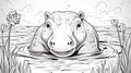 Sketch the outline of a happy hippo wallowing in water, a fun and cheerful coloring book addition.