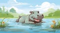 Sketch the outline of a happy hippo wallowing in water, a fun and cheerful coloring book addition.