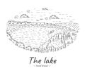 Sketch oval illustration of lake and nature.
