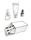 Freehand drawing of pack blisters with pills in cardboard box and tube with ointment and bottles of dispenser with drug solution Royalty Free Stock Photo