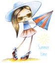 Sketch painted girl in sunglasses with umbrella in hand in summer