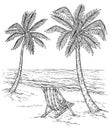 Sketch palm tree landscape. Tropical palm beach, exotic trees and sea waves. Vintage hand drawing vector relaxing summer