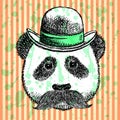 Sketch panda in hat with mustache, vector background