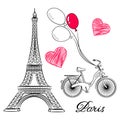 Sketch of Paris, Eiffel Tower and bike with air balloons