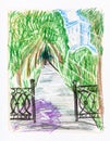 Sketch of path in city park after summer rain