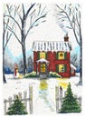 A sketch of the path to the house, decorated with New Year\'s wreaths