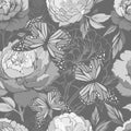 Seamless pattern of monochrome flowers and butterflies. hand drawing. Not AI, Vector illustration Royalty Free Stock Photo