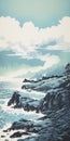 Bold Lithographic Painting Of Cliffs And Trees Near The Ocean