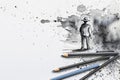 Sketch of a person in a hat standing on a pier introspection solitude concept art reflection tranquil scene with pencils