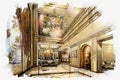 Sketch perspective interior hall living -dinning into a watercolor