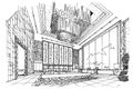 Sketch perspective interior lobby , black and white interior design.