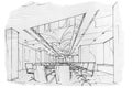 Sketch perspective interior meeting room , black and white interior design.