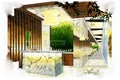 Sketch perspective interior reception spa into a watercolor