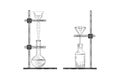 Sketch of a physics or chemical laboratory experiment and equipment. Vector pharmaceutical glass flasks, beakers and