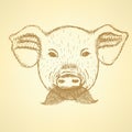 Sketch pig with mustache, vector background Royalty Free Stock Photo