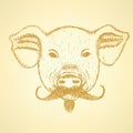 Sketch pig with mustache, vector background Royalty Free Stock Photo