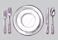 Sketch plate fork and knife. Dinner cutlery and empty dish on table, dining silverware top view hand drawn doodle vector