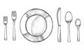 Sketch of plate and spoon, fork and knife Royalty Free Stock Photo