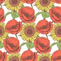Sketch poppy and sunflower, vintage seamless pattern