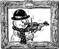 Sketch of portrait snowman violinist in decorative picture frame