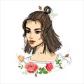 Sketch portrait of a young girl. Vector drawing, art of a woman, a teenager with bob hairstyle and roses. Portrait of a female