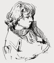 Sketch portrait of young pensive woman