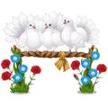 Sketch of a poster with several beautiful white doves sitting on a wicker perch and flowers isolated on white background