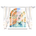 Sketch of a poster in the style of Venice. View of the city river from the window with a floating boat isolated on white