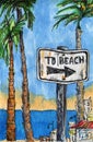 Summertime holiday. Palm trees, sea, sign showing direction to the beach
