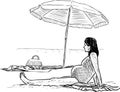 Sketch of pregnant woman sunbathing by the seashore