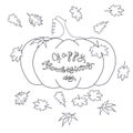 Sketch of pumpkin lettering Happy Thanksgiving day, maple, oak leaves, thin black line