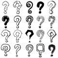 Sketch question mark. Hand drawn black interrogation marks, ask exam and faq symbols. Interrogative signs, doodle Royalty Free Stock Photo