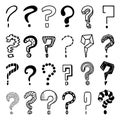 Sketch question marks. Why signs, questions doodle mark set. Interrogative hand drawn point, doubt symbols. Think or