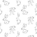 Sketch rabbit seamless pattern vector background. Monochrome bunnies for textile print.